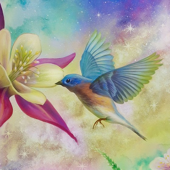 "Blossoming of life", nature floral painting, birds art, milky way