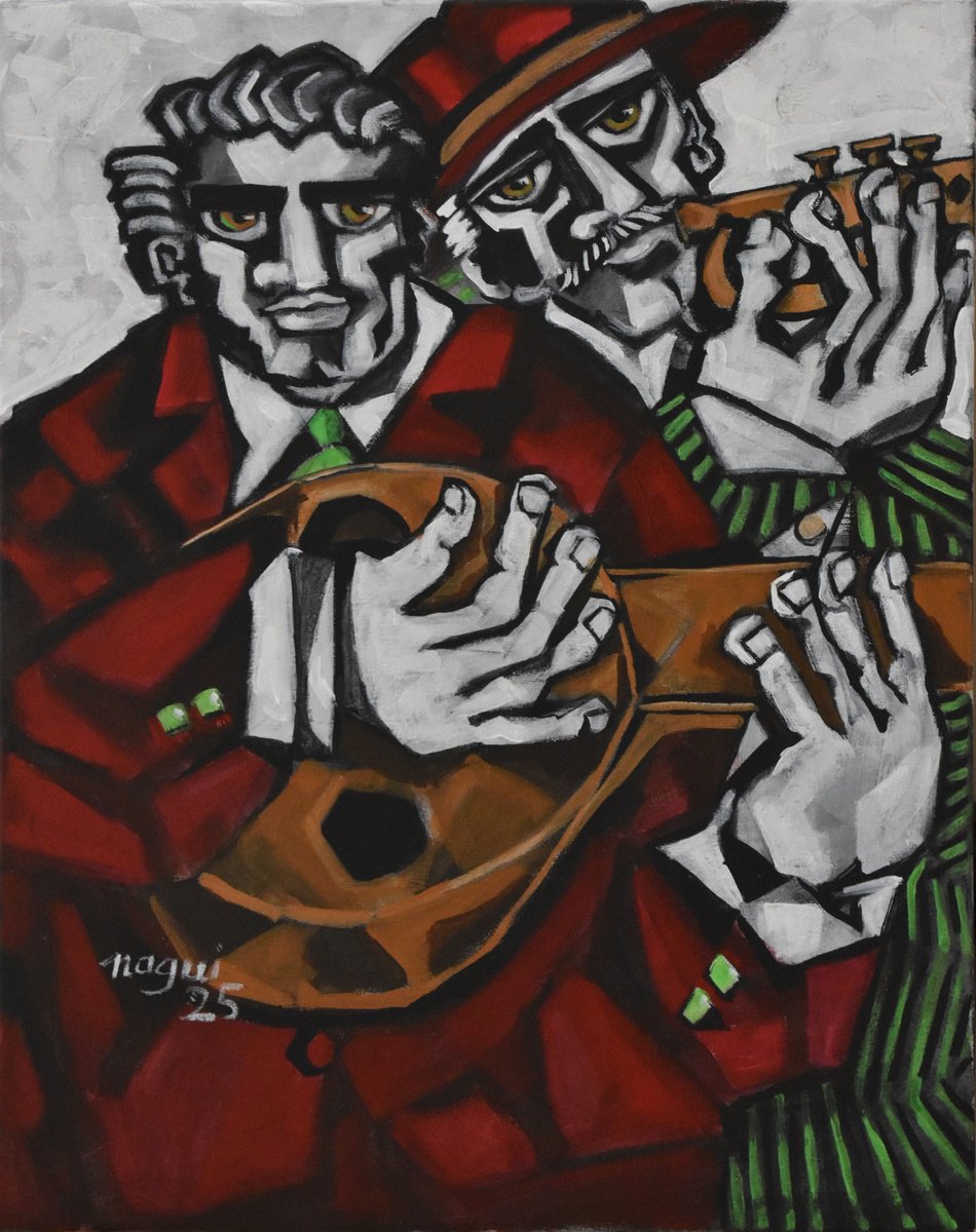 Expressive Portrait Acrylic Painting By Nagui, 16 X 20", Lute And Trumpet, Original Artwork