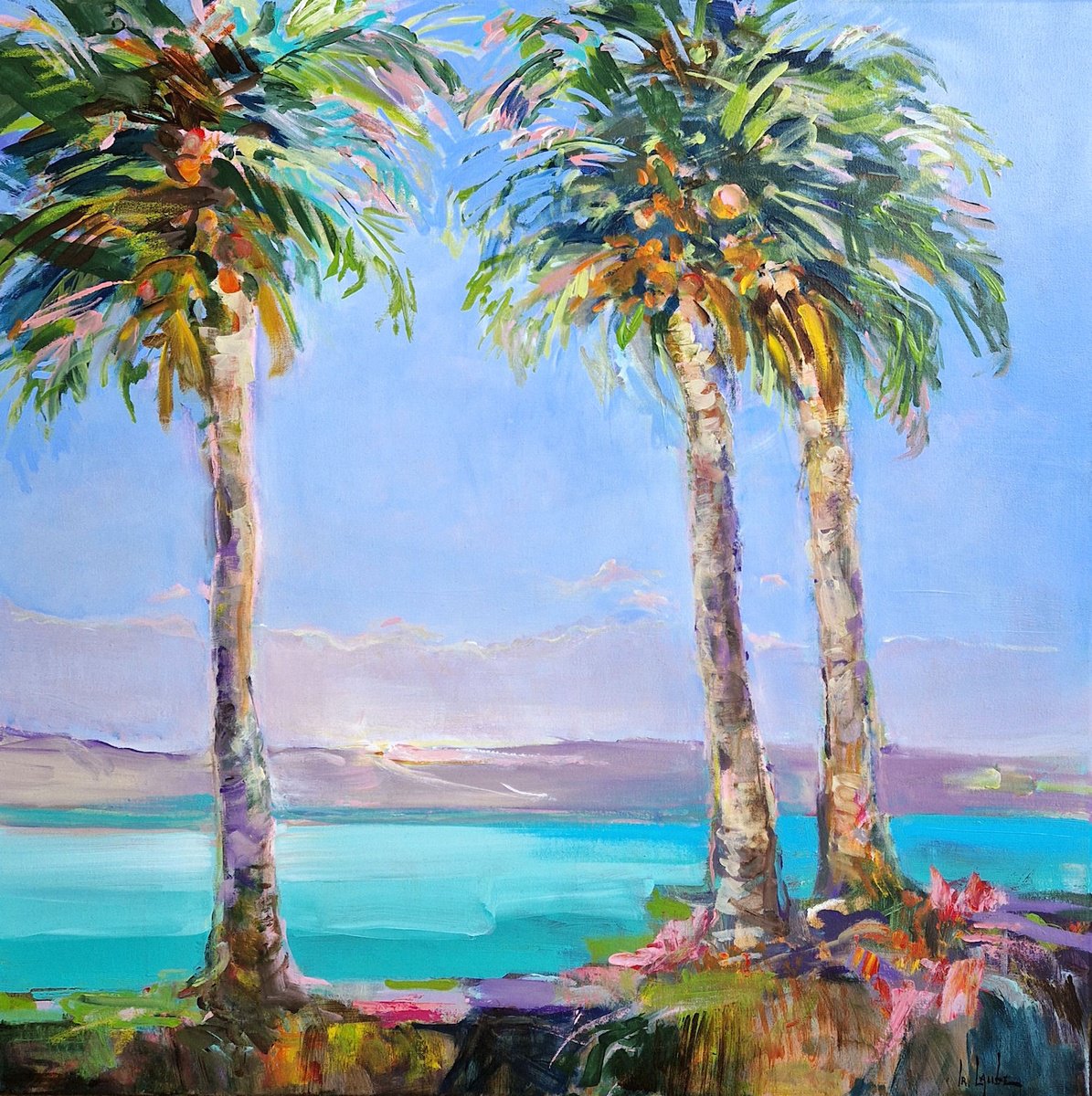 Impressionistic Landscape Acrylic Painting By Irina Laube, 31 X 31, Oasis, Original Artwork