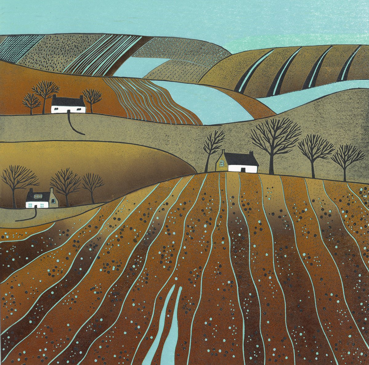 Graphic Landscape Linocut By Layla Khani (Aka Laylart), 15 X 15", Tide Of Autumn Leaves, Original Artwork
