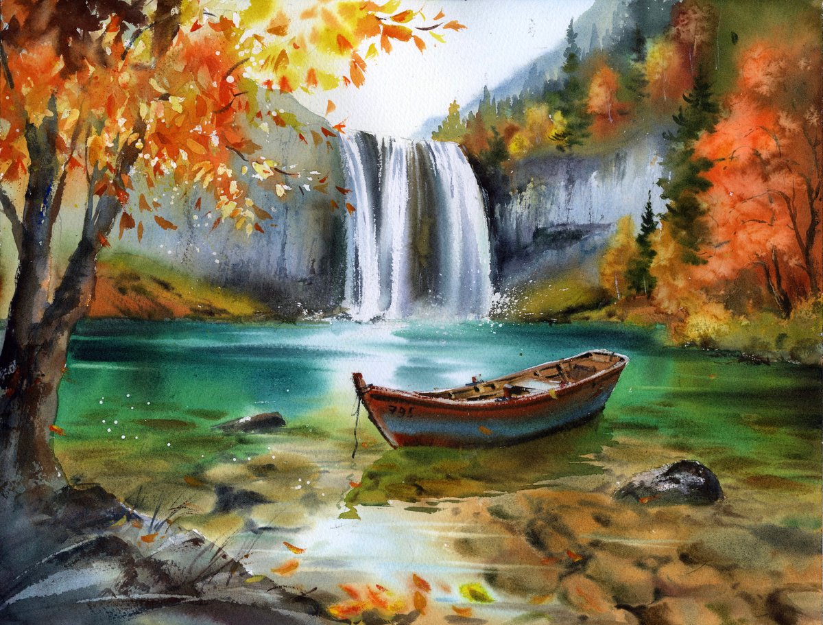 Impressionistic Watercolour , Boat Beneath Autumn