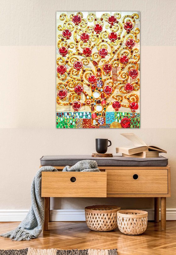 Pomegranate Tree artwork. Golden red art. Decorative wooden relief textured wall hanging sculpture with precious stones and crystal rhinestones. Gift