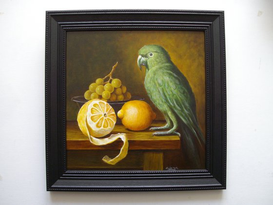 Peeled lemon with parrot
