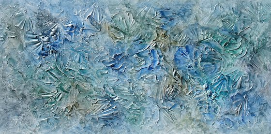 SUMMER FOREWER. Abstract Blue, Gray, Aqua, Navy, Turquoise Textured Coastal Painting