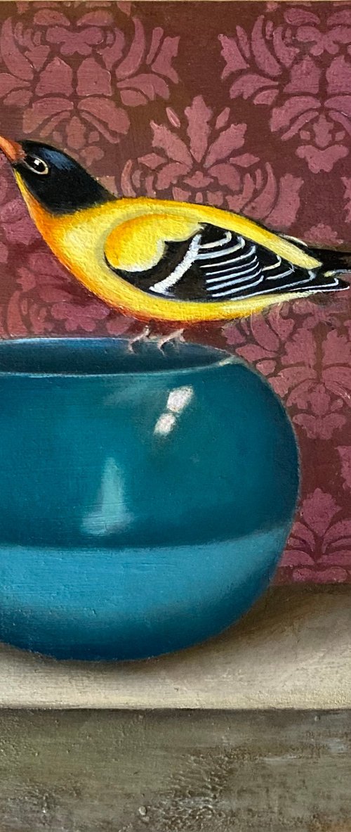 Goldfinch on Blue Bowl by Priyanka Singh