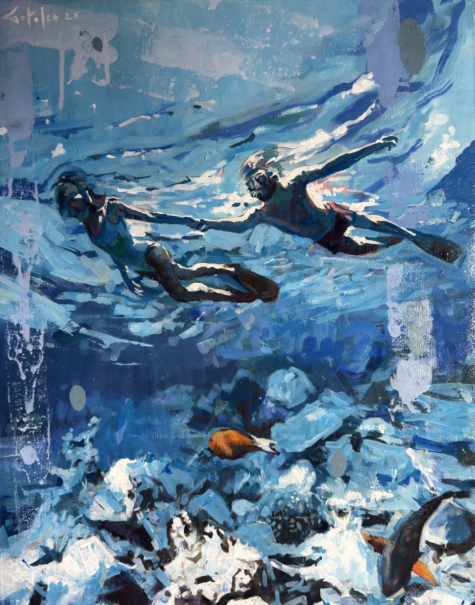 Impressionistic Landscape Oil Painting By Marco Ortolan, 15 X 20", Diving The Ocean, Original Artwork