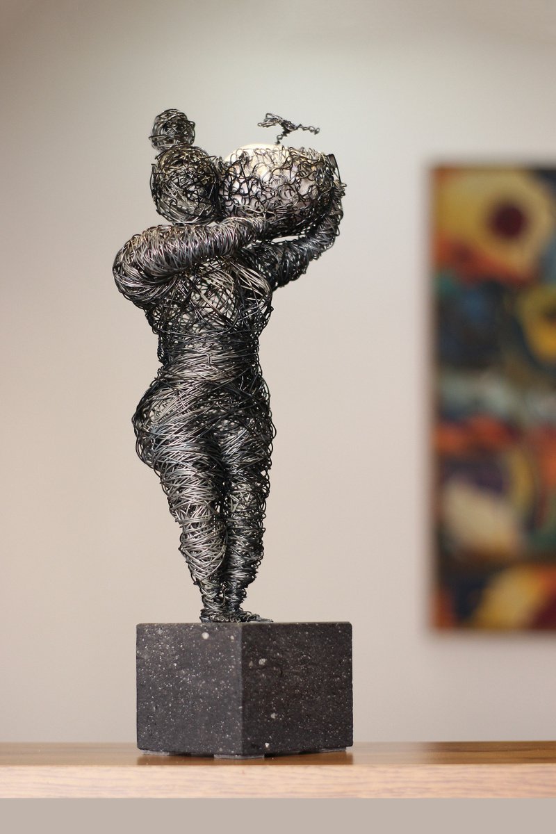 Expressive Portrait Sculpture By Karen Axikyan, 4 X 15", Woman With Vase, Original Artwork