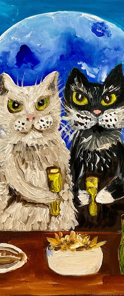 Pint of beer, fish and chips. Lucky couple, two cats friends brings positive emotions in your life. by Olga Koval