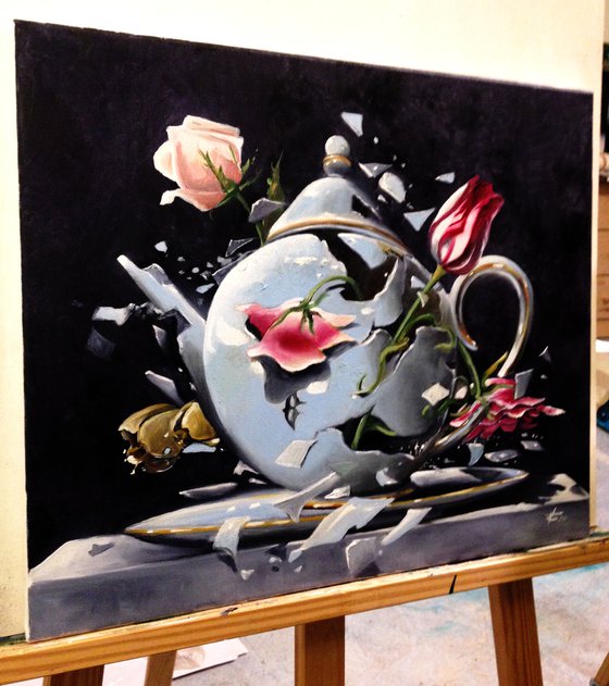 Light rose , red tulip- original oil on canvas