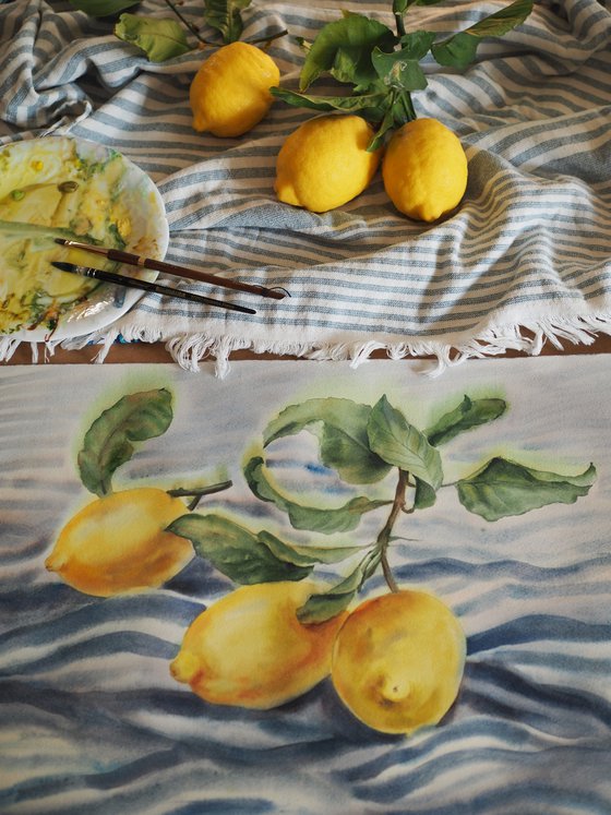 Lemons on a striped towel