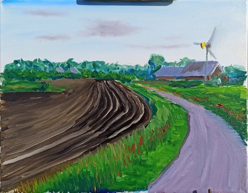 Plowed field, road and windmill . Plein Air by Dmitry Fedorov