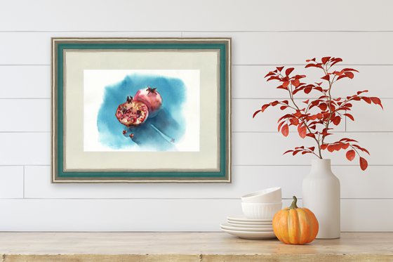 Pomegranate on blue Watercolor fruits for kitchen