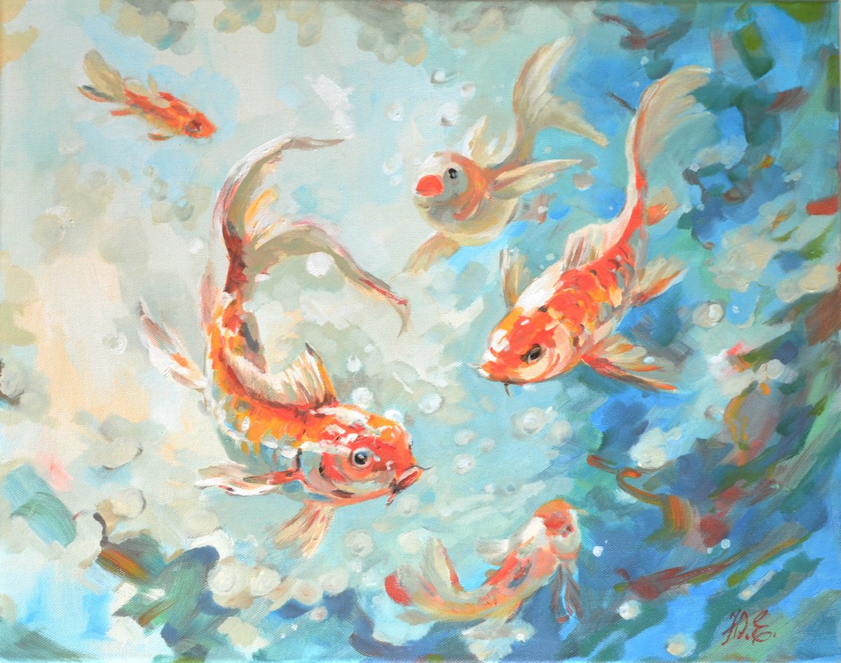 Bright red fish on blue by Yulia Evsyukova