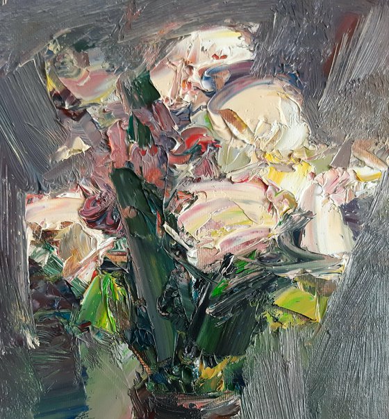 Abstract flowers in vase(30x20cm, oil painting, palette knife)