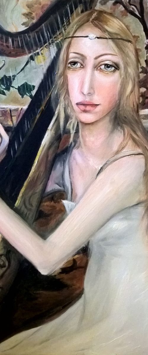 Girl playing the harp by Viktória Déri