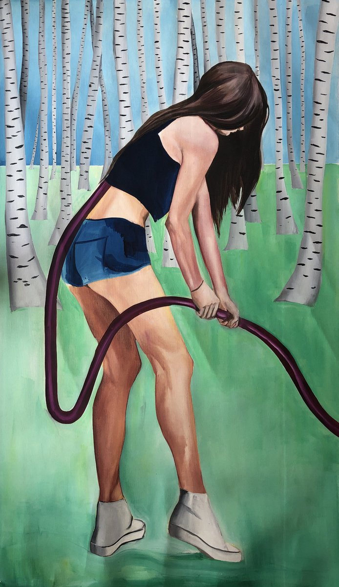 Urban And Pop Portrait Oil Painting By Kujbus Janos, 26 X 46", In The Birch Grove, Original Artwork