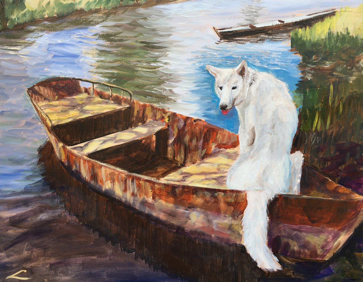 Impressionistic Animal Oil Painting By Elena Sokolova, 20 X 16, Dog In The Boat, Original Artwork