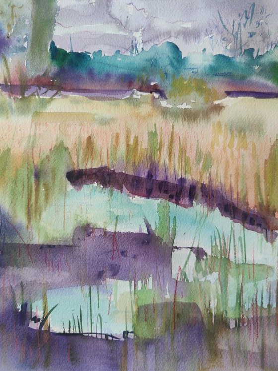 Impressionist outdoor abstract painting "Reflections around the marsh"