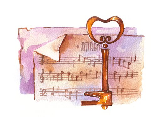 Still life "Music. Old notes and key" original watercolor painting postcard by Ksenia Selianko