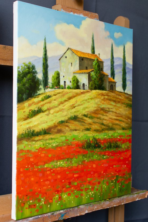 Poppy field in Tuscany (Modern Impressionistic Landscape Oil Painting, Gift for nature lovers)