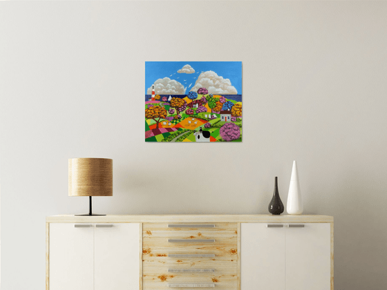 Cow, cat and sheep naive art painting