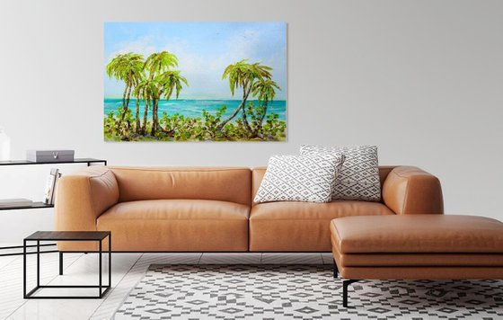 Large Abstract Seascape Painting. Tropical Island. Palm trees. Beach, ocean, waves, sky with clouds, sailboats, sailing, yacht.