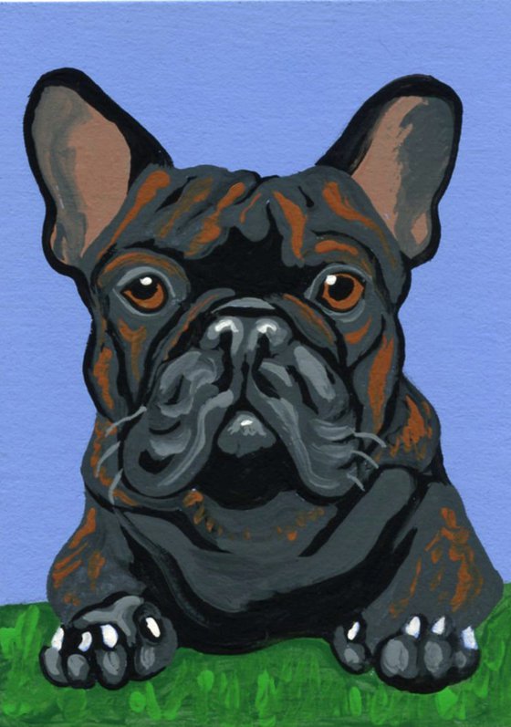 ACEO ATC Original Miniature Painting Black Brindle French Bulldog Pet Dog Art-Carla Smale