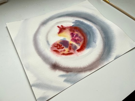 Pomegranate Watercolor Painting Original, Fruit Wall Art, Kitchen Decor, Abstract Brush Strokes Artwork