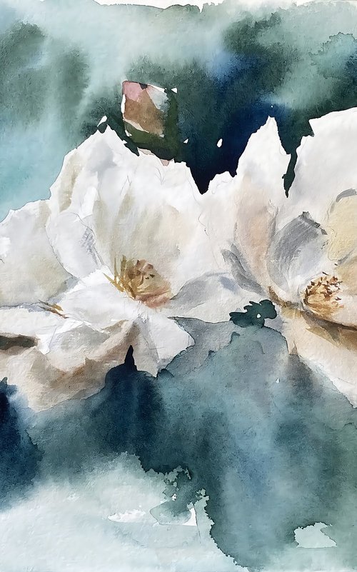 White roses, original watercolour painting by Natalia Butenko