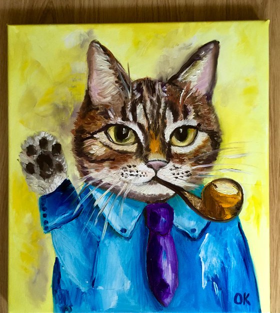 Troy The  Cat, portrait with a pipe and tie   oil painting for cat lovers