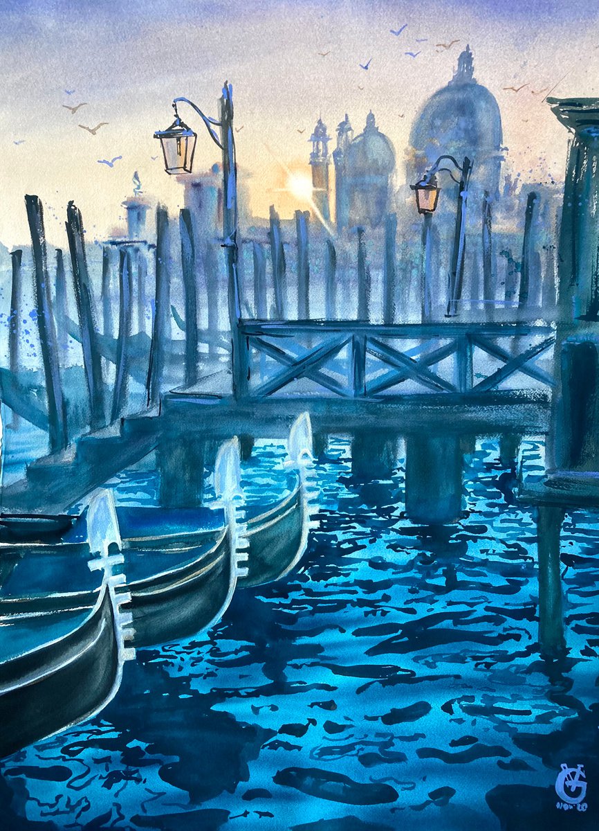 Impressionistic Landscape Watercolour By Valeria Golovenkina, 22 X 30", Sunset And Santa Maria, Original Artwork