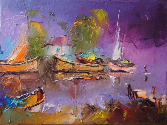 Fishing village, Oil Painting, free shipping