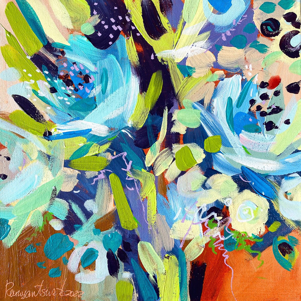 Impressionistic Botanical Acrylic Painting By Irina Rumyantseva, 12 X 12, Blooming Blue Flowers, Original Artwork