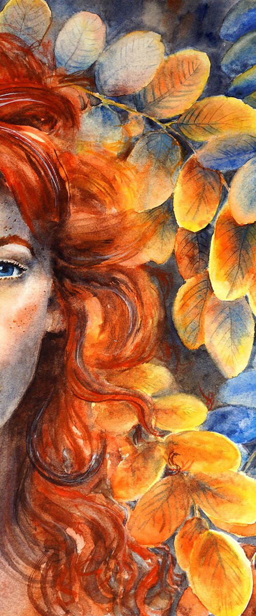 ORIGINAL Watercolor Portrait of a Woman - Flame Leaves - Orange Beauty by Yana Shvets