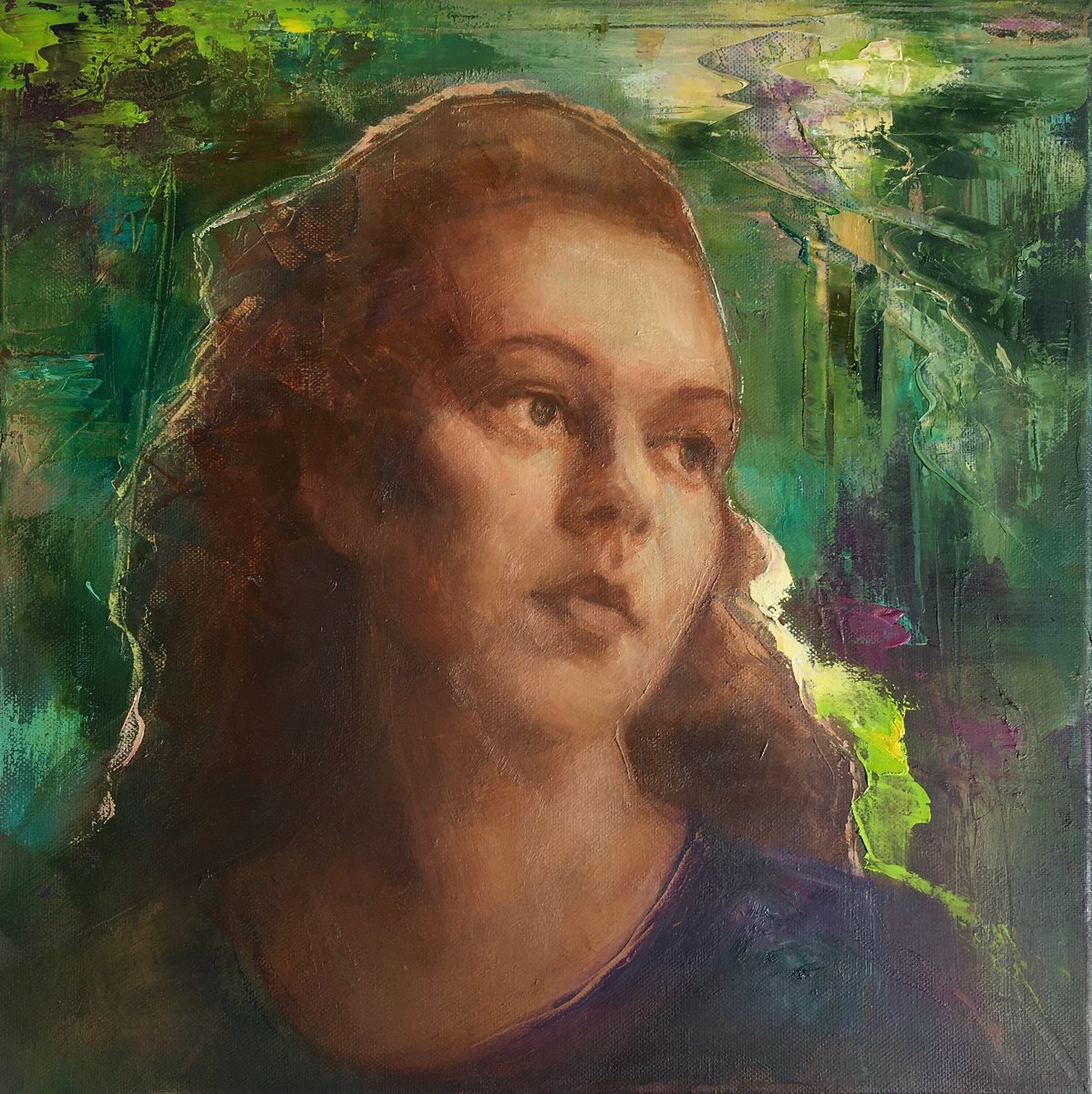 Expressive Portrait Oil Painting By Beata Belanszky Demko, 16 X 16, Dreaming Awake Ii., Original Artwork