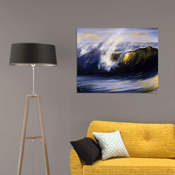 Golden Glass Wave. Seascape painting