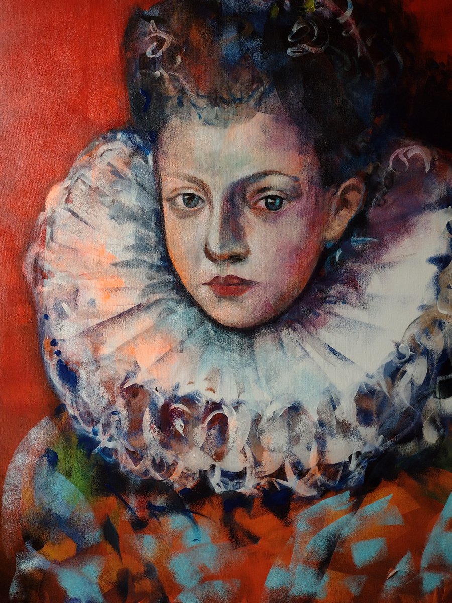 Expressive Portrait Acrylic Painting By Marina Del Pozo, 31 X 39", Red Background Portrait, Original Artwork