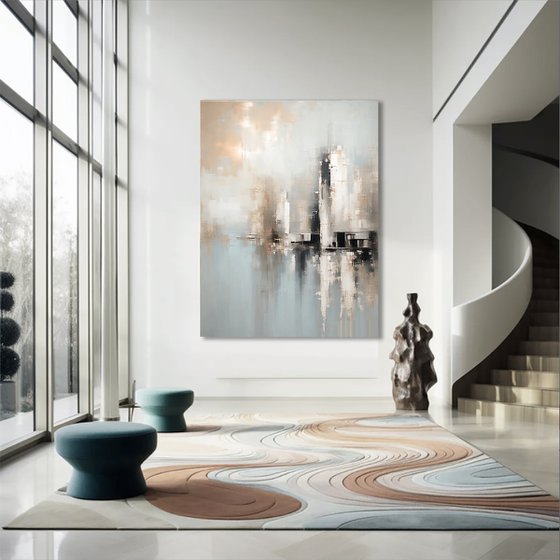 Mistline Cityscape in Pastel Blue and Gold