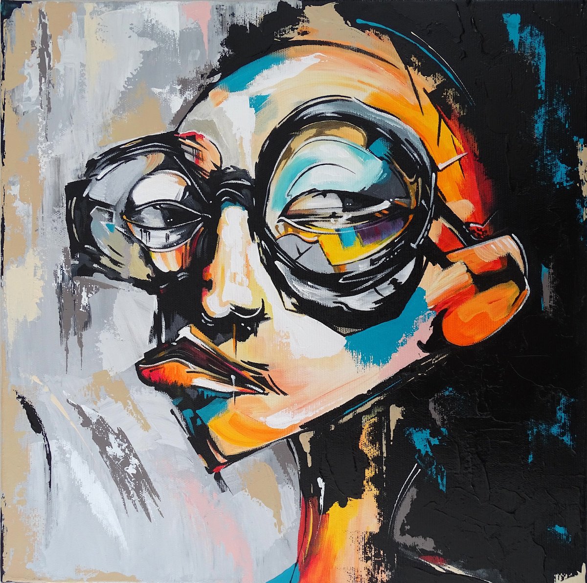 Abstract Portrait Acrylic Painting By Livien Rozen, 16 X 16", "Dull!", Original Artwork