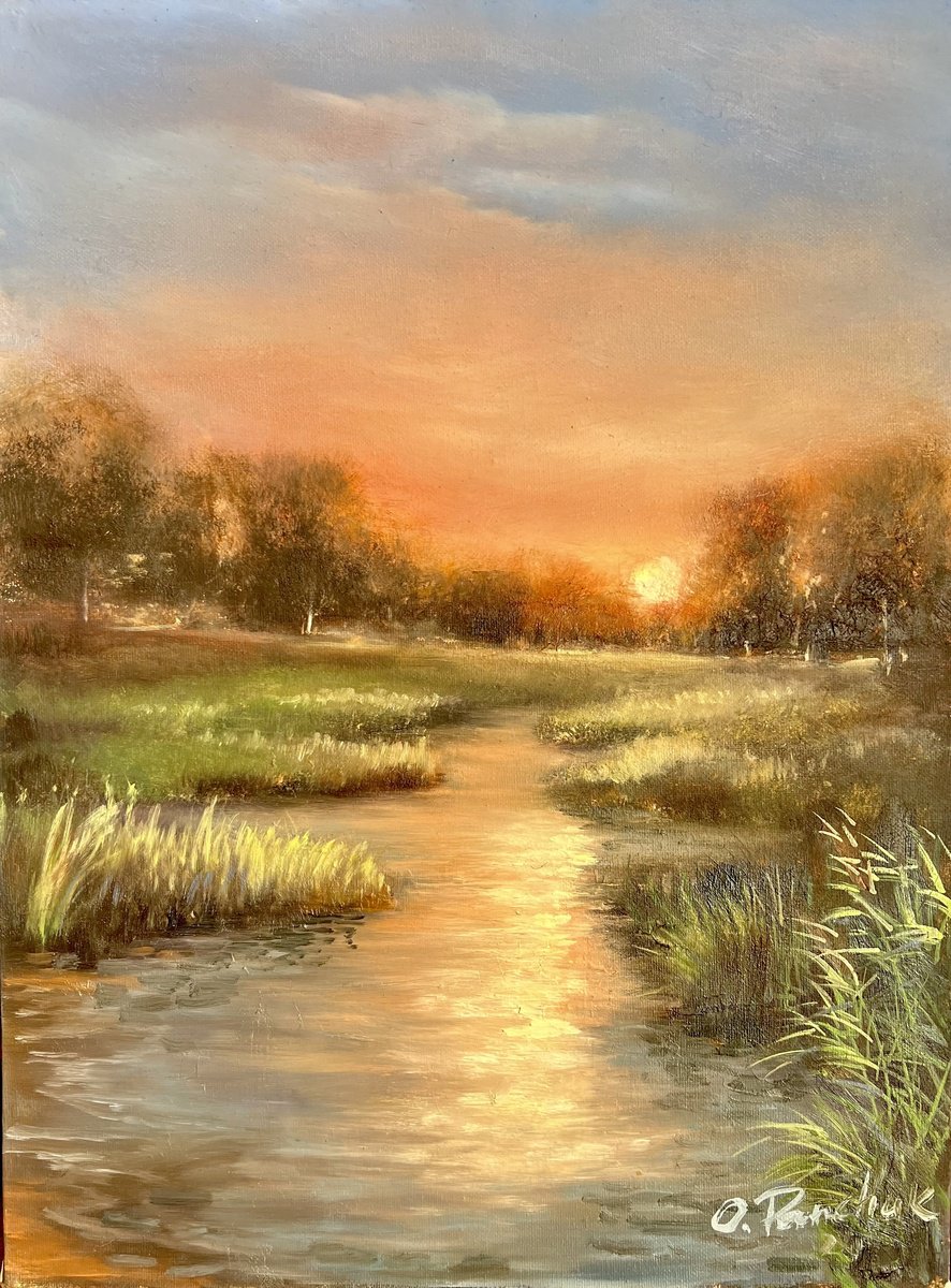 Impressionistic Landscape Oil Painting By Oleg Panchuk, 12 X 16", Evening Serenity, Original Artwork