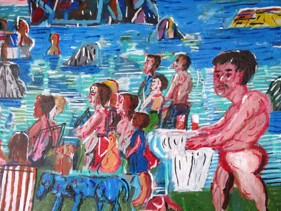 beach scene with blue dog