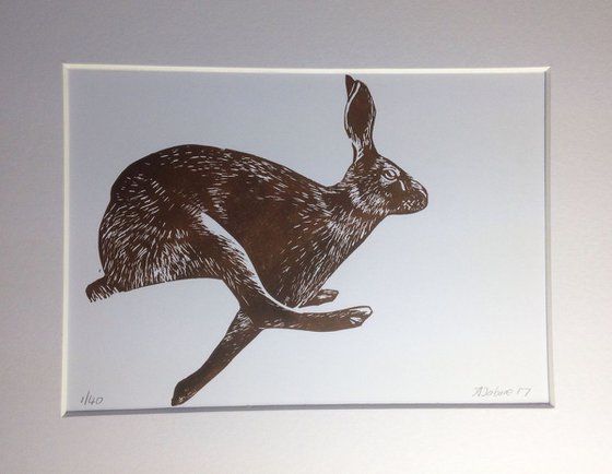 Running Hare Linocut, Printed in Brown, Mounted