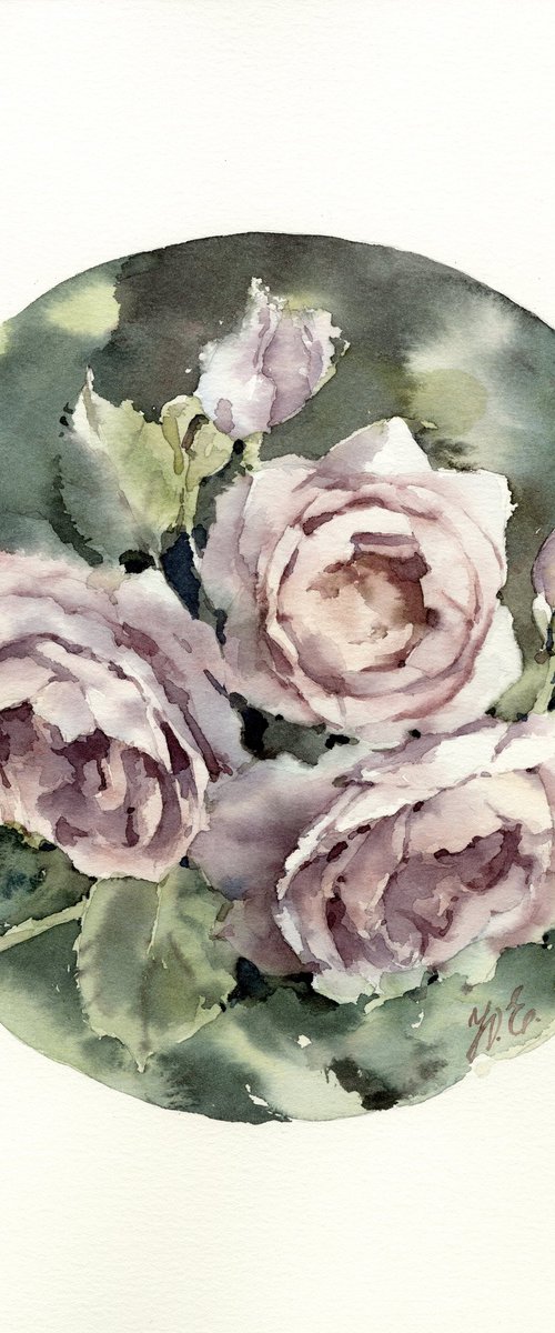 Watercolor roses in a circle, Light purple flowers and green leaves by Yulia Evsyukova