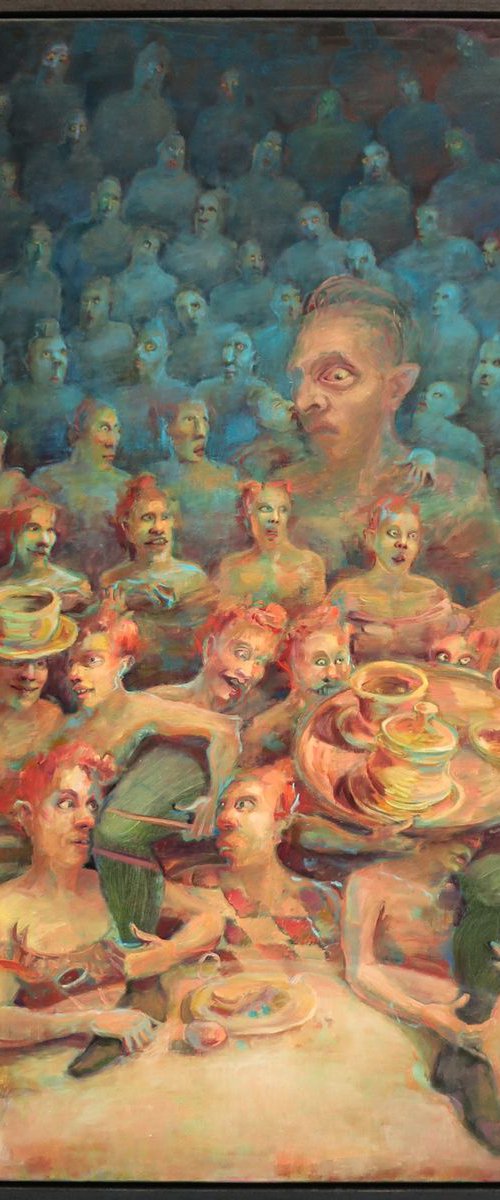 Original blue and yellow oil painting about theatre stage fright with detailed portraits of the audience by Egle Colucci