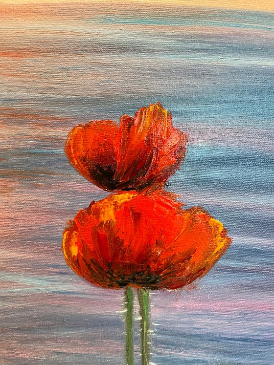 Sunset with poppies - seascape