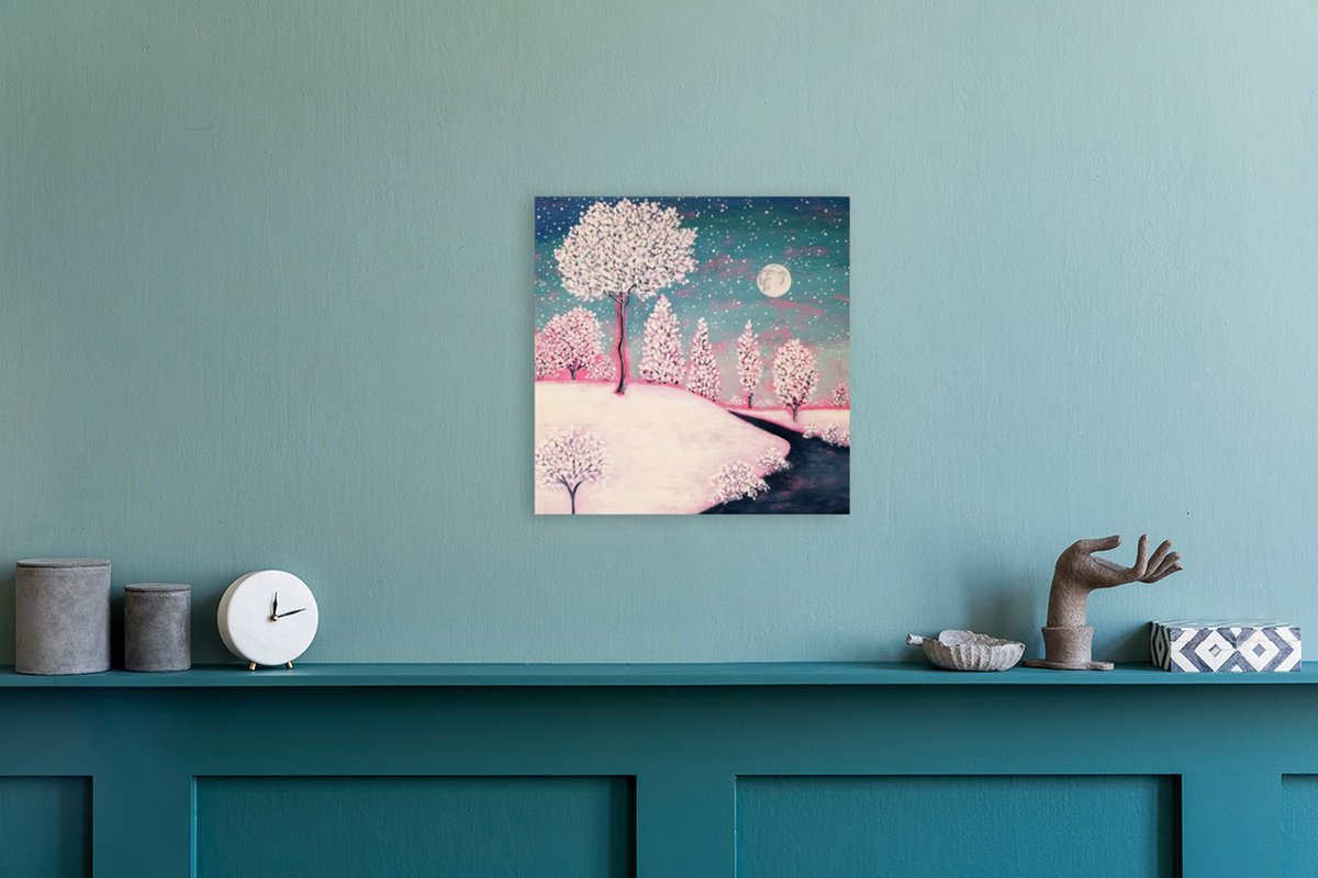 Impressionistic Landscape Acrylic Painting By Karen Rieger, 12 X 12", Winter Moon, Original Artwork