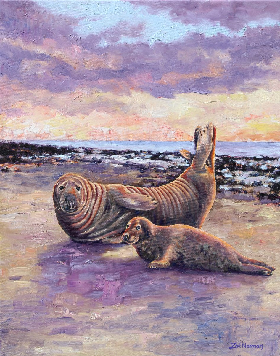Impressionistic Animal Oil Painting By Zoe Elizabeth Norman, 16 X 20", Grey Seals At Horsey, Original Artwork