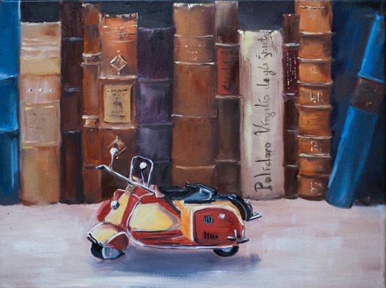 Moto. Commission.  Original small size oil painting toys train books room kids realism