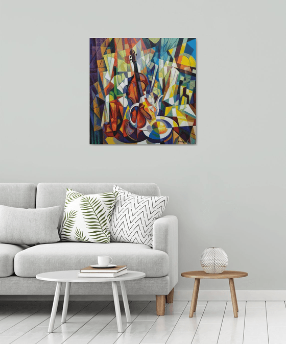 still life with violin (80x80cm, cubism, oil painting, ready to hang)
