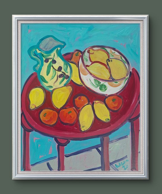 Still Life with Citrus and Red Table II